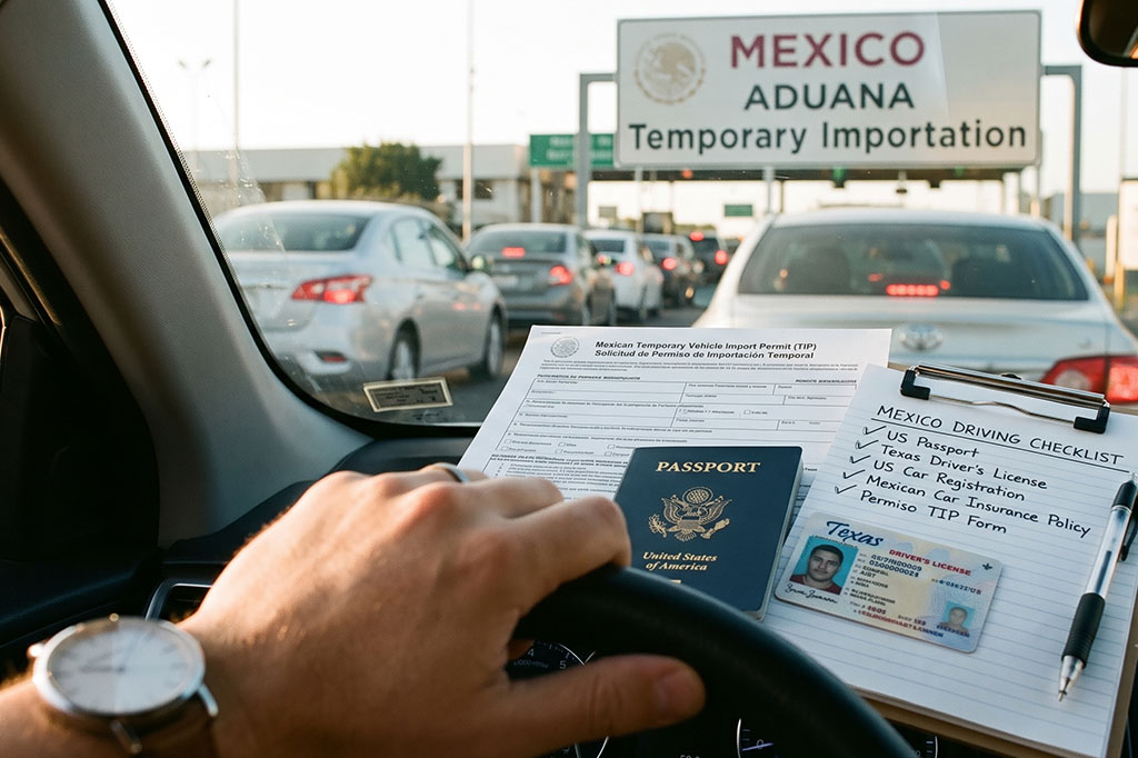 Passport, driver's license, FMM permit, and insurance documents needed to drive to Mexico