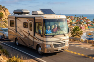 RV and car parked at a Baja California beach community in winter